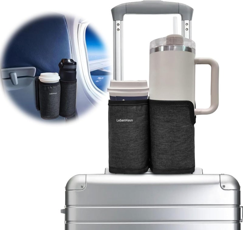 LebenHaus 2 in 1 Luggage Cup Holder for Suitcase|Airplane Tray Table Carry on Hands Free Drink Carrier for Stanley Tumblers Coffee Beverage Organizer Gifts for Travelers (Black) - Image 1